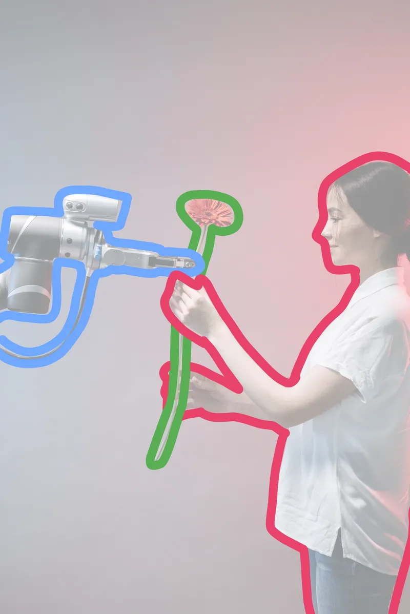 Same picture, but with one thick hand-drawn contour drawn around the robot, another around the flower, and another around the woman.