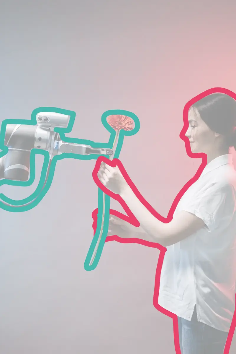 Same picture, but this time there is one contour surrounding both the robot and the flower as a single object and a second contour around the woman.
