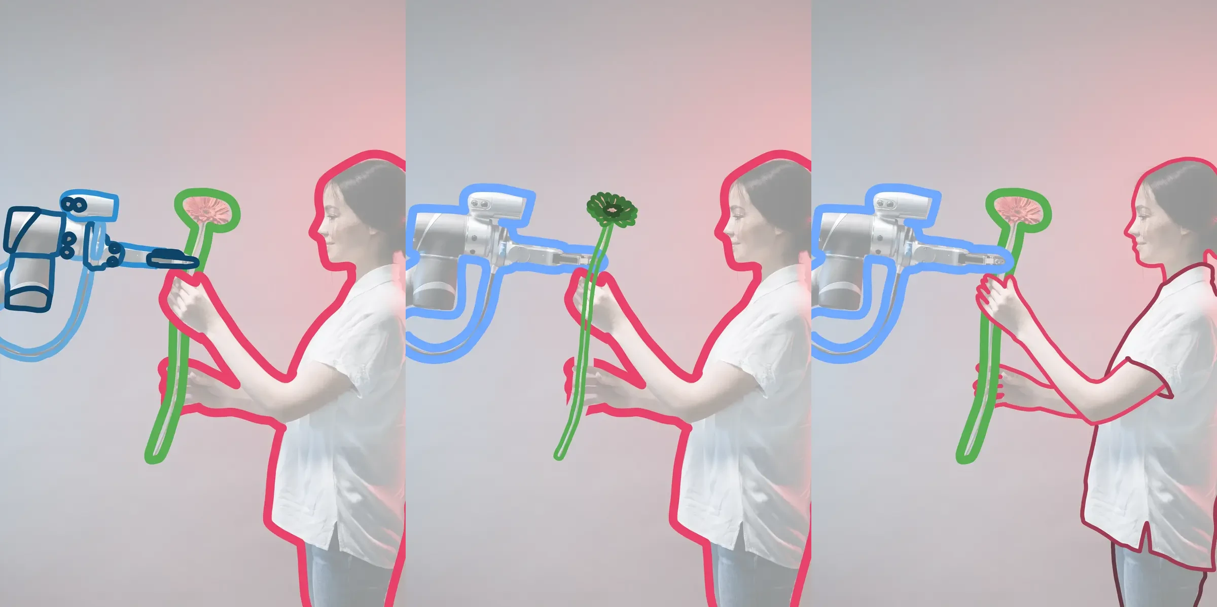 Same picture repeated three times: once with finer contours around the sub-parts of the robot, once around the sub-parts of the flower, and once around the different clothes and body parts of the woman.