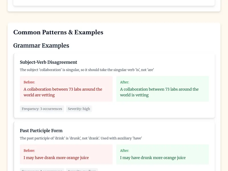 Grammar examples section showing subject-verb disagreement and past participle corrections with before/after comparisons in red and green boxes