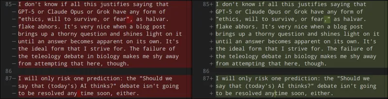 Code diff view showing before and after text corrections, highlighting changes in red and green for proofreading improvements