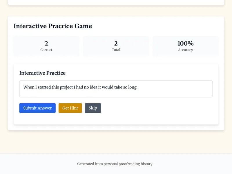 Interactive practice game interface showing 2 correct out of 2 total answers with 100% accuracy, featuring Submit Answer, Get Hint, and Skip buttons Before I answer...