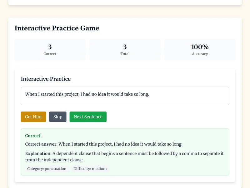 Practice game showing correct answer feedback with explanation about comma usage in dependent clauses, categorized as punctuation with medium difficulty ...and after.