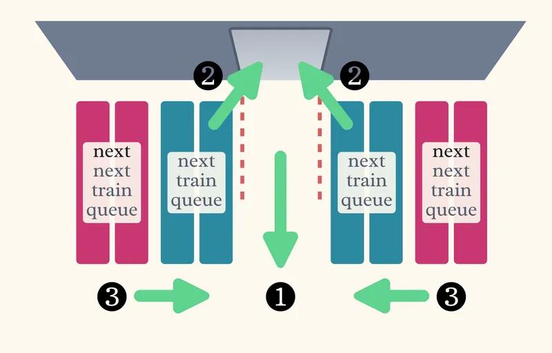 ① People get off. ② Senpatsu line gets on. ③ Kouhatsu line becomes the new senpatsu line.