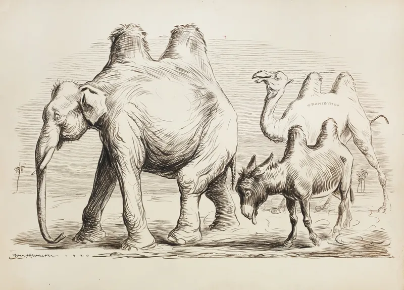 A 1920 pen-and-ink political cartoon showing an elephant, a donkey, and a camel labeled 'Prohibition' walking in a line, each imitating the posture of the one ahead