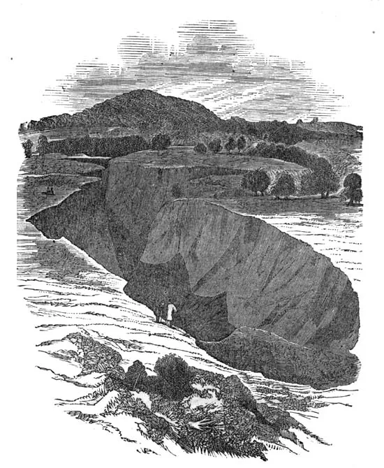 19th-century engraving of a deep V-shaped ravine with steep eroded walls, a tiny human figure standing at the bottom for scale, surrounded by rolling hills with scattered trees