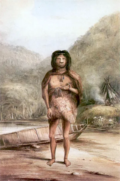 Watercolor portrait of an indigenous person from Tierra del Fuego, standing barefoot with dark hair and a headband, wearing a fur cloak over the shoulders. A canoe rests behind them, with forested mountains and a smoking shelter in the distance