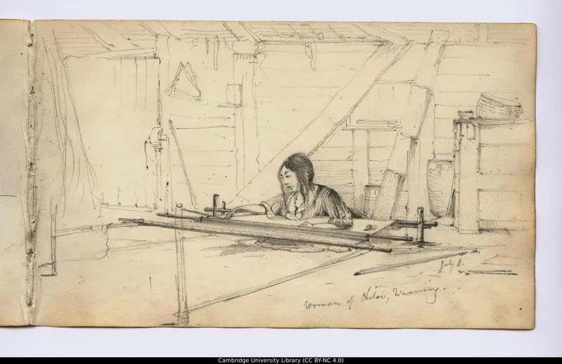 Pencil sketch of a woman from Chiloé sitting at a traditional floor loom weaving inside a wooden structure