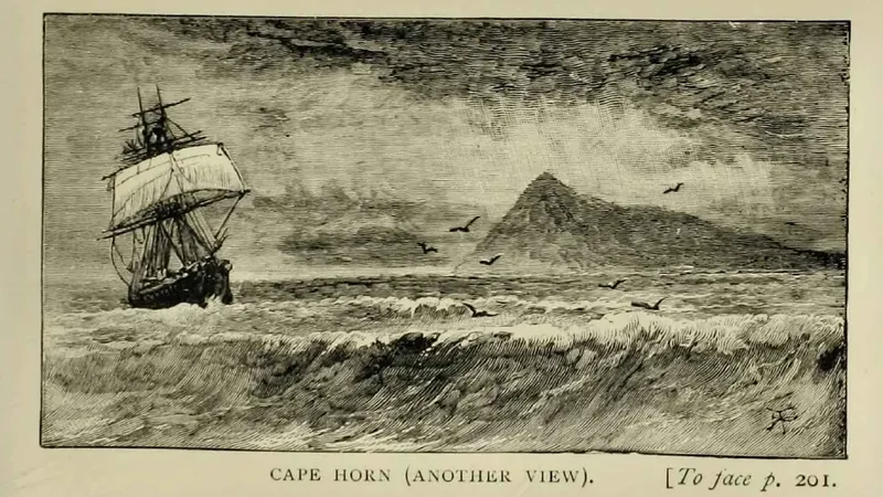 19th-century engraving of a sailing ship navigating rough seas near Cape Horn with mountainous coastline