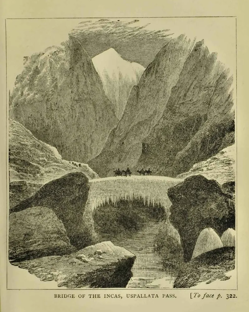 Historical engraving showing a natural stone bridge spanning a mountain gorge in Uspallata Pass, with small figures of travelers visible beneath the arch and steep rocky peaks rising in the background