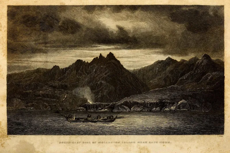 Indigenous canoe approaching thatched huts near Cape Horn, with dramatic mountain peaks under stormy skies