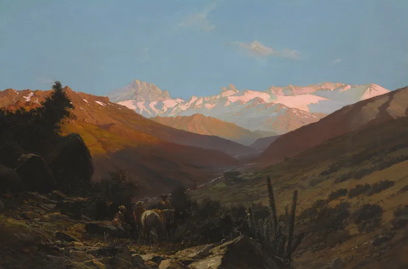 Painting of Andean mountain valley with snow-capped peaks glowing pink at sunset, travelers with pack animals on a winding path through rugged terrain