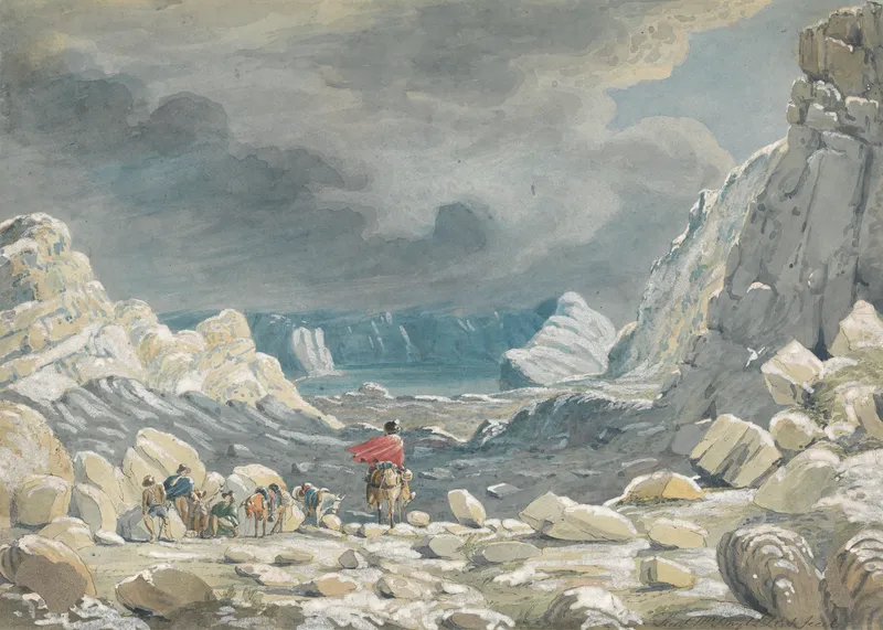 Expedition party with pack animals traversing a treacherous mountain pass through towering rock formations under stormy skies