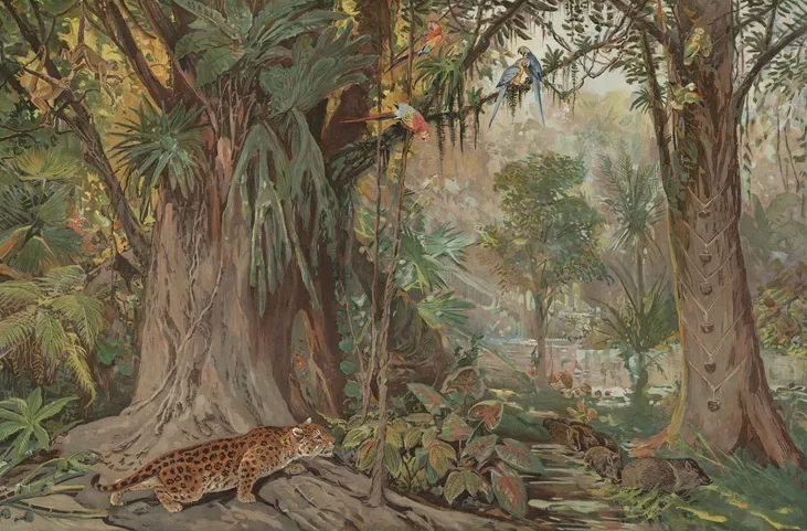 Dense Amazonian rainforest with towering trees, hanging vines, tropical palms, colorful birds including toucans and parrots, and a spotted jaguar resting on logs in the foreground