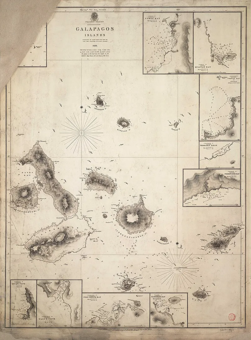 1841 Admiralty nautical chart of the Galapagos Islands showing the archipelago with detailed topographical shading of volcanic terrain, compass rose on the left, and inset maps of specific bays and coves around the border