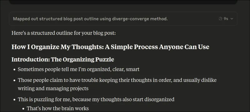 Screenshot of the Claude web UI showing the answer to the prompt above. The answer is a structured outline of the blog post.