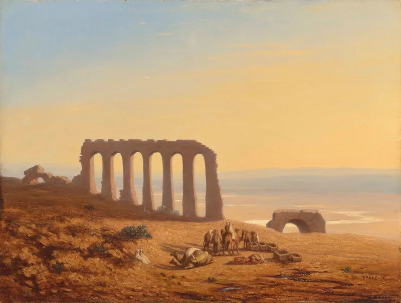 A painting of a desert scene with ruins of ancient buildings.