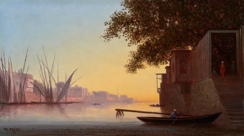 A painting of a man in a boat on a peaceful middle-eastern river.