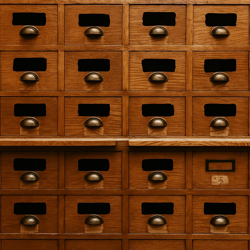 A row of wooden drawers with metal handles and blotted-out labels. Original photo by Jan Antonin Kolar, Unsplash (modified)