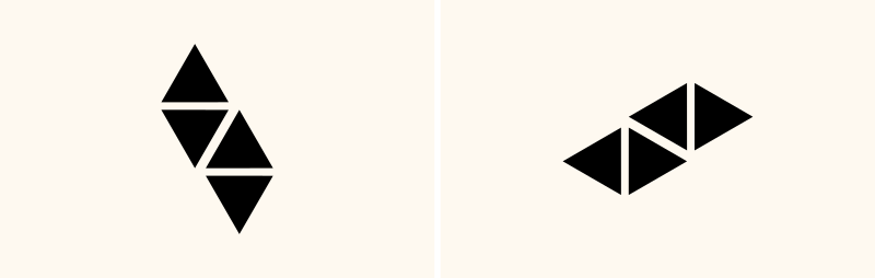 Two more arrangements of four triangles, again one a simple 90-degree rotation of the other. In general, the arrangement is similar to the previous two images, but instead of having angles pointing at each other, each pair has edges facing each other, in parallel.