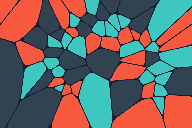 Abstract mosaic of irregular polygons in coral, turquoise, and navy