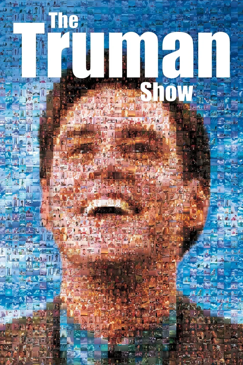 Poster of the movie The Truman Show, showing Truman's face as the aggregation of thousands of still frames of a TV show, presumably Truman's life on camera.