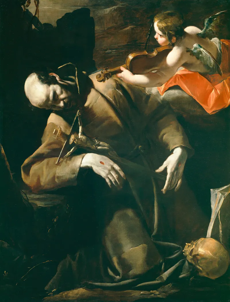 A kneeling man with eyes closed and arms spread in a striken expression, a winged cherub playing a violin beside him, a skull nearby