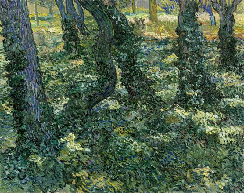 Painting of tree trunks in a forest, covered with verdant foilage.