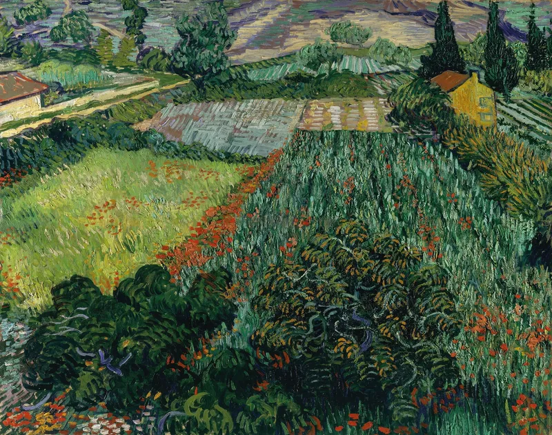 Colorful painting of fields with flowers and crops, seen from an elevated perspective.