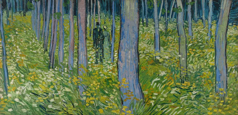 Painting of a grove with neatly aligned trees and two human figures sketched small in the center.