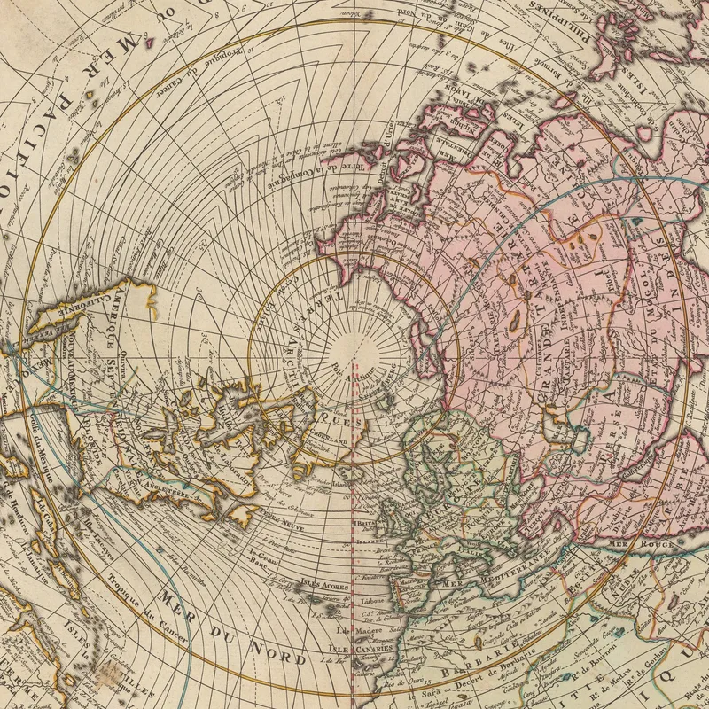 Nicolaas Van Ewyk, Nouvelle Carte de la Moitie Septentrionale du Globe Terrestre montrant la Variation du Compas, ou le Merveileux accord enchaine des mouvemens regles et ne jamais cessans du vivant pourvoir Magnetique; telles qu'on les a trouvez l'An 1750, David Rumsey Historical Map Collection.