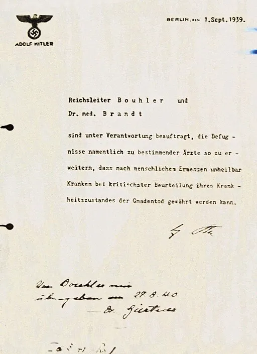 Hitler's decree authorizing Aktion T4 in German, dated September 1, 1939