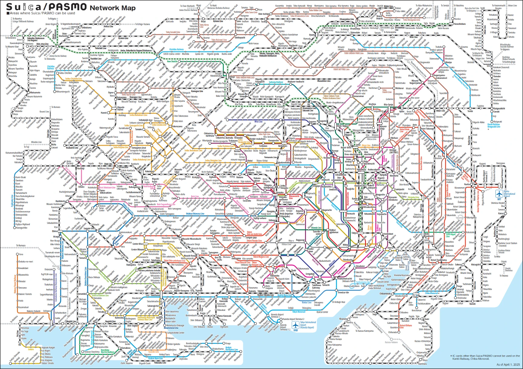 The extremely intricate train map of the Tokyo Metropolitan Area, with hundreds of stations and dozens of lines mingling like a plate of spaghetti.