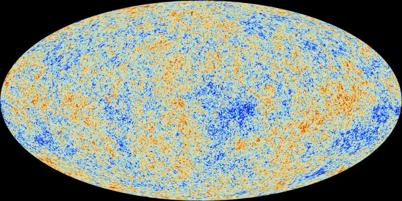 An oval map of the whole sky showing, instead of starts, random-looking fluctuations of hotter and colder areas, fine-grained noise like a rugged surface.