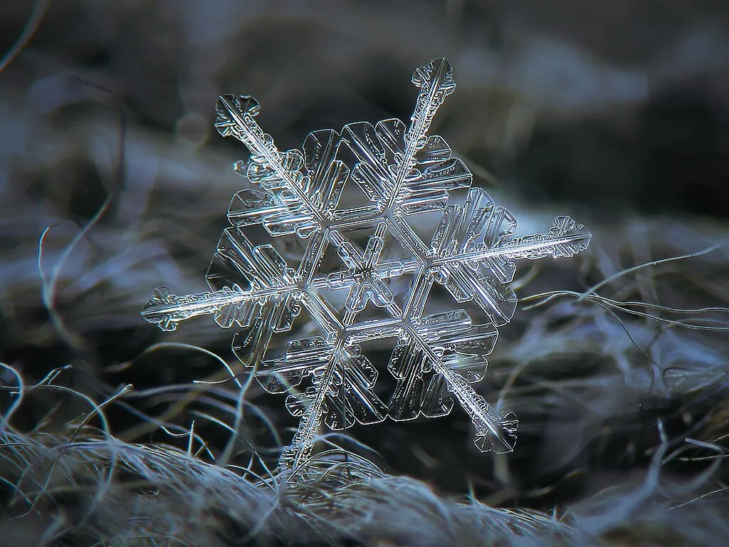 A macro image of a highly intricate but perfectly symmetrical snowflake.
