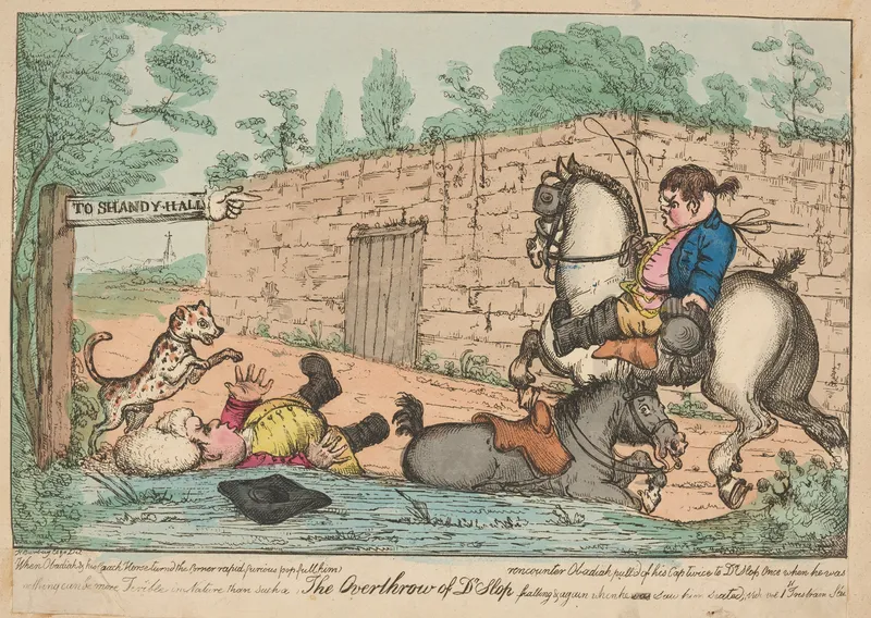 A drawing of a man on a horse with a sign that says to shandy hall.
