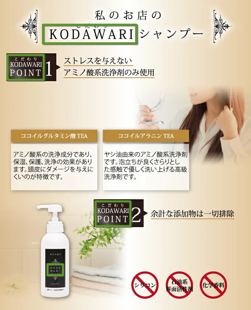 A bottle of shampoo sits next to a woman, with various blocks of text in Japanese, out of which the word kodawari, in alphabet, is visible multiple times. Ad for a shampoo. It says that their "Kodawari Point 1" is "using only detergent containing amino-acids that don't stress your hair", and "Kodawari Point 2" is that "we have completely removed all unnecessary additives."