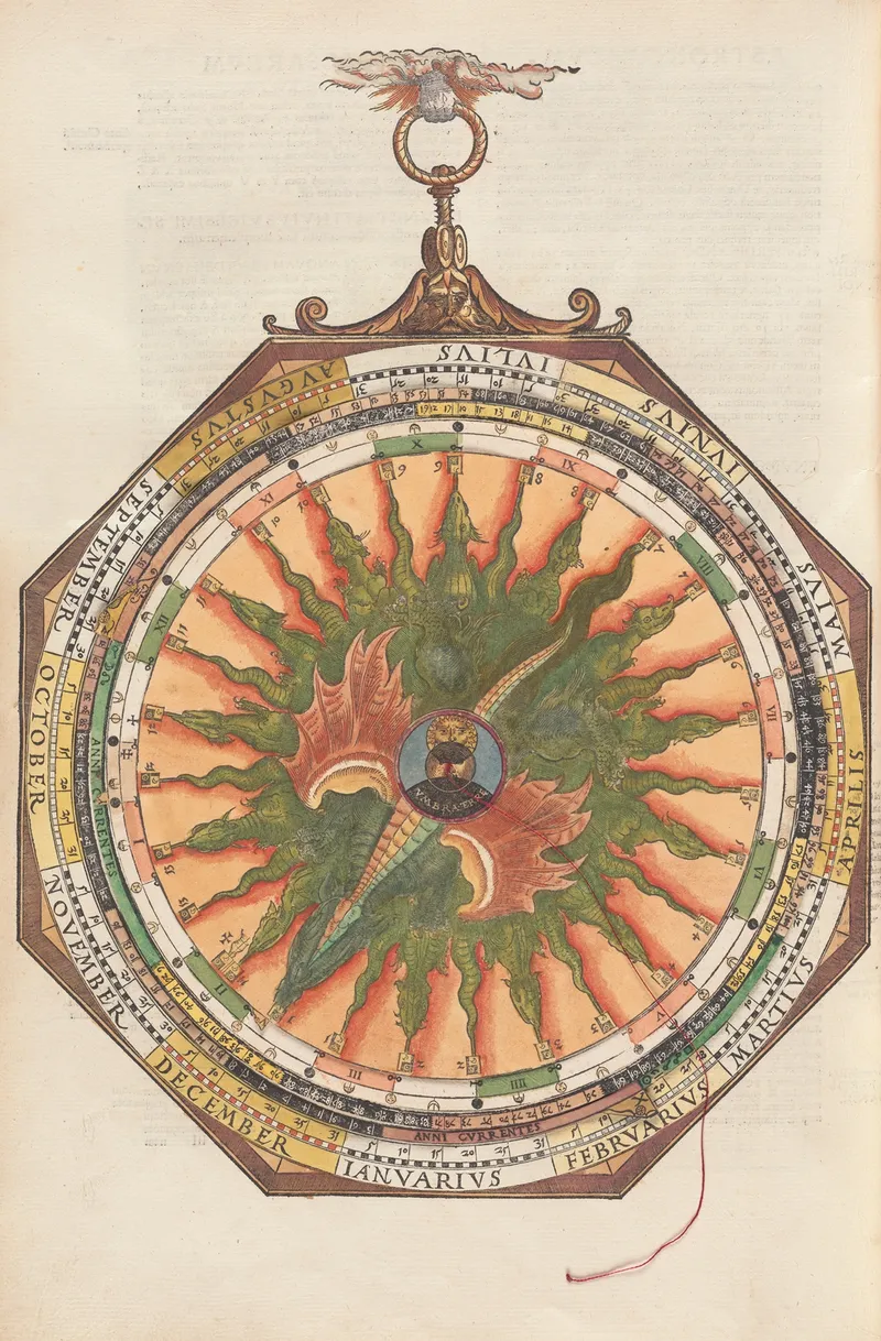 Another circular calendar in the same style, this time depicting a green dragon with spread wings flying over 13 green dragons arranged at equal angles all around the circle.