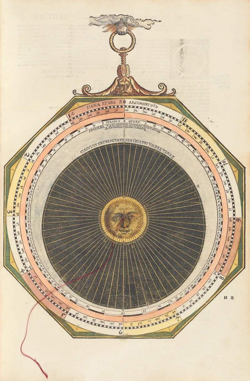 Another circular calendar in the same style, this time depicting a smiling sun-face with rays of light emanating in all directions inside the circle.