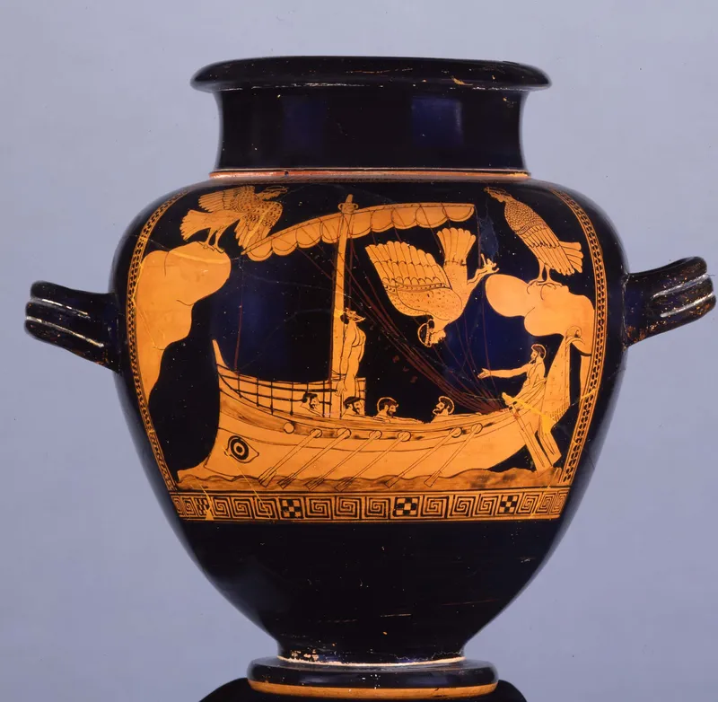 Red-figured stamnos (jar) showing Odysseus and the Sirens. (The Trustees of the British Museum, CC BY-NC-SA 4.0)