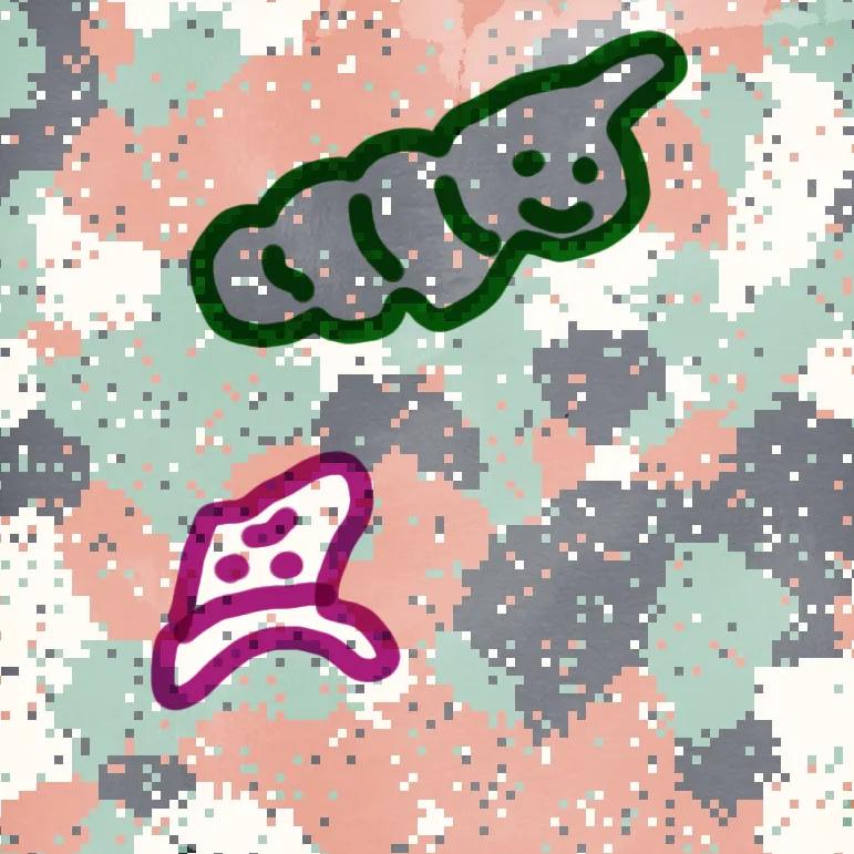 A still image of a pixel simulation with cute figures scribbled on top.